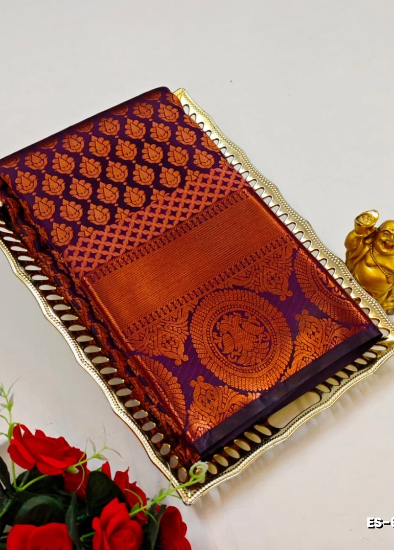 Bridal silk gold silvar and copper zari weave and wedding art silk sarees - purple colour